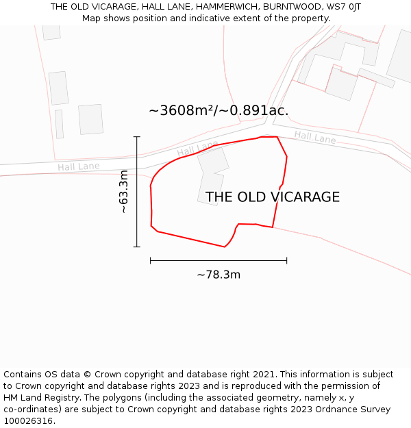 THE OLD VICARAGE, HALL LANE, HAMMERWICH, BURNTWOOD, WS7 0JT: Plot and title map