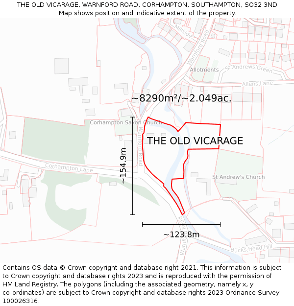 THE OLD VICARAGE, WARNFORD ROAD, CORHAMPTON, SOUTHAMPTON, SO32 3ND: Plot and title map