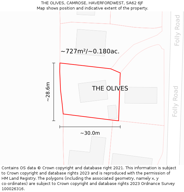 THE OLIVES, CAMROSE, HAVERFORDWEST, SA62 6JF: Plot and title map