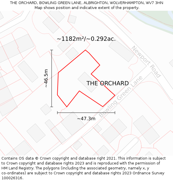 THE ORCHARD, BOWLING GREEN LANE, ALBRIGHTON, WOLVERHAMPTON, WV7 3HN: Plot and title map