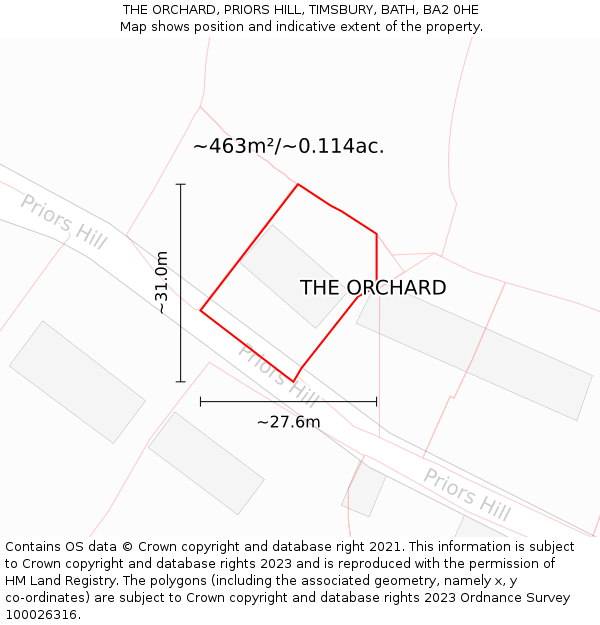 THE ORCHARD, PRIORS HILL, TIMSBURY, BATH, BA2 0HE: Plot and title map