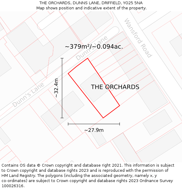 THE ORCHARDS, DUNNS LANE, DRIFFIELD, YO25 5NA: Plot and title map