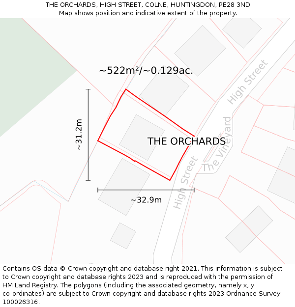 THE ORCHARDS, HIGH STREET, COLNE, HUNTINGDON, PE28 3ND: Plot and title map