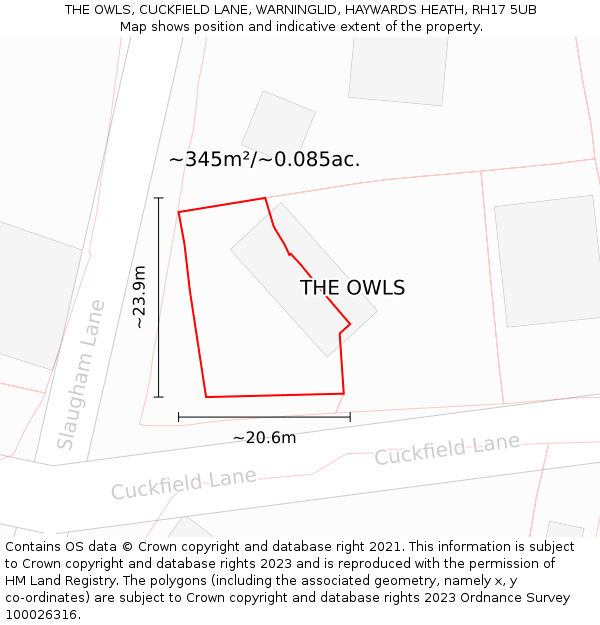 THE OWLS, CUCKFIELD LANE, WARNINGLID, HAYWARDS HEATH, RH17 5UB: Plot and title map