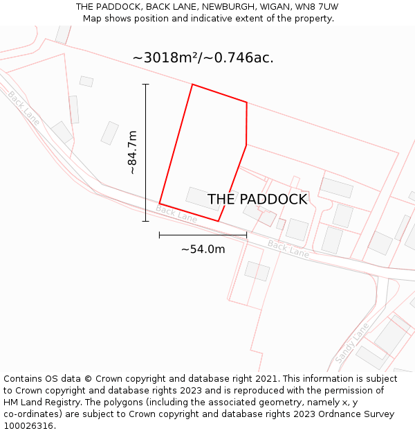 THE PADDOCK, BACK LANE, NEWBURGH, WIGAN, WN8 7UW: Plot and title map