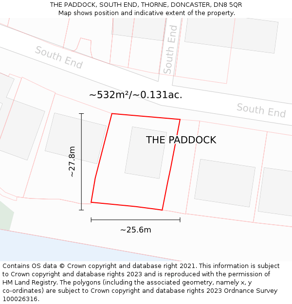 THE PADDOCK, SOUTH END, THORNE, DONCASTER, DN8 5QR: Plot and title map