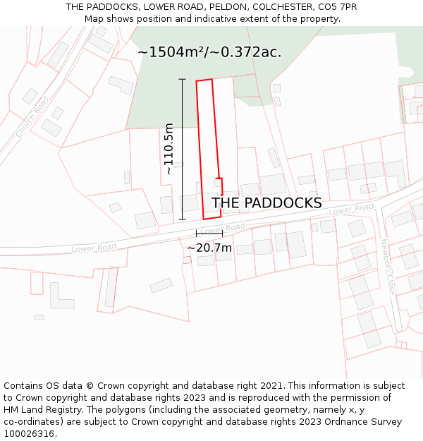 THE PADDOCKS, LOWER ROAD, PELDON, COLCHESTER, CO5 7PR: Plot and title map