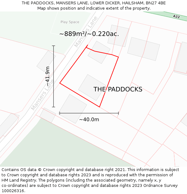 THE PADDOCKS, MANSERS LANE, LOWER DICKER, HAILSHAM, BN27 4BE: Plot and title map