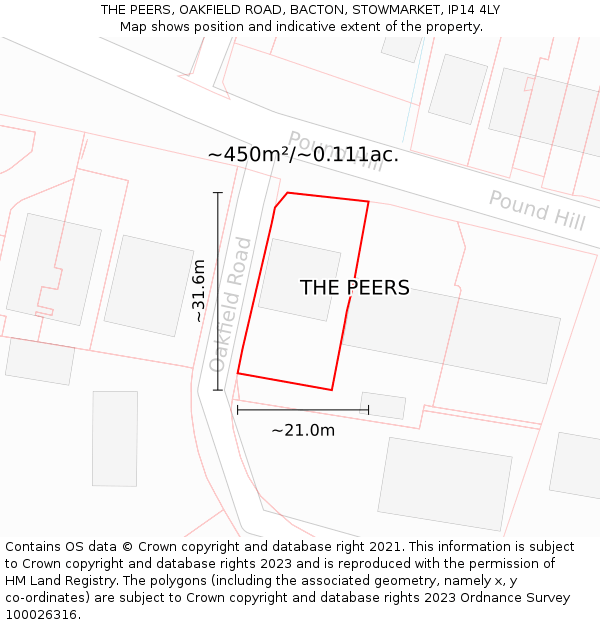 THE PEERS, OAKFIELD ROAD, BACTON, STOWMARKET, IP14 4LY: Plot and title map