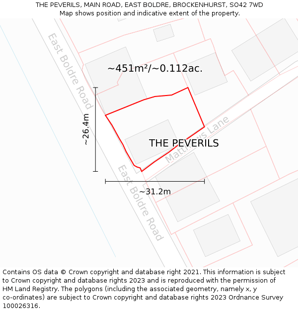 THE PEVERILS, MAIN ROAD, EAST BOLDRE, BROCKENHURST, SO42 7WD: Plot and title map