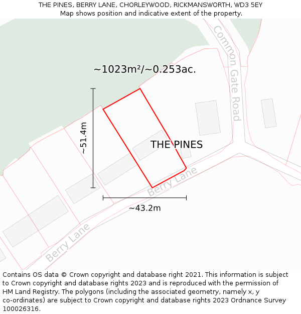 THE PINES, BERRY LANE, CHORLEYWOOD, RICKMANSWORTH, WD3 5EY: Plot and title map