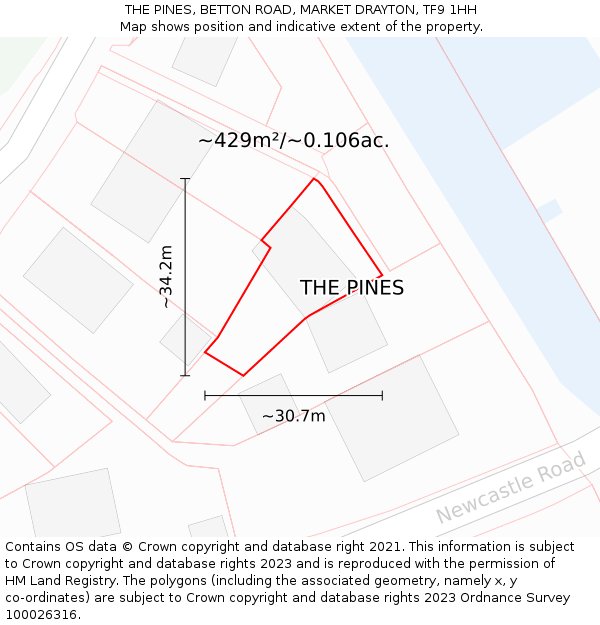 THE PINES, BETTON ROAD, MARKET DRAYTON, TF9 1HH: Plot and title map