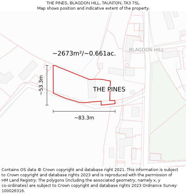 THE PINES, BLAGDON HILL, TAUNTON, TA3 7SL: Plot and title map