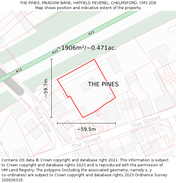 THE PINES, MEADOW BANK, HATFIELD PEVEREL, CHELMSFORD, CM3 2DE: Plot and title map