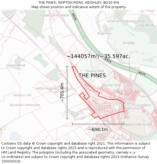 THE PINES, SKIPTON ROAD, KEIGHLEY, BD20 6HJ: Plot and title map