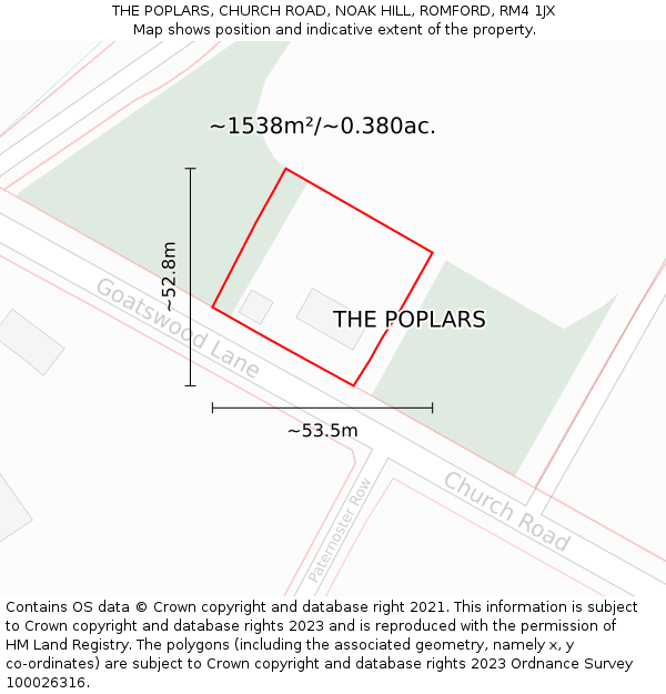 THE POPLARS, CHURCH ROAD, NOAK HILL, ROMFORD, RM4 1JX: Plot and title map