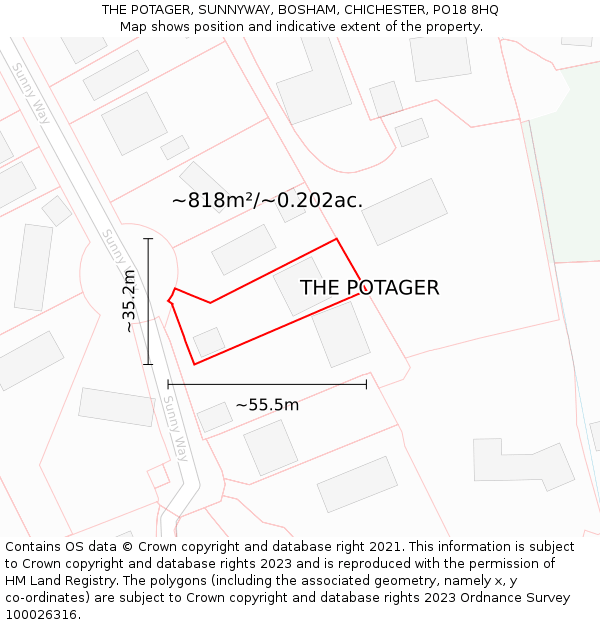 THE POTAGER, SUNNYWAY, BOSHAM, CHICHESTER, PO18 8HQ: Plot and title map