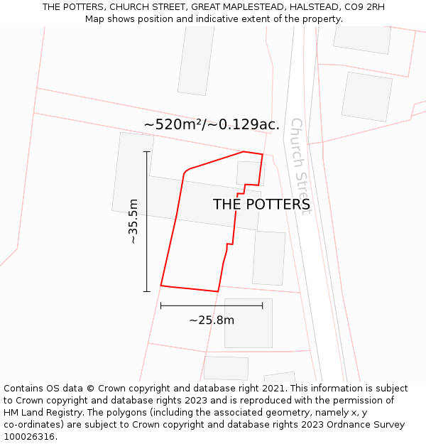 THE POTTERS, CHURCH STREET, GREAT MAPLESTEAD, HALSTEAD, CO9 2RH: Plot and title map