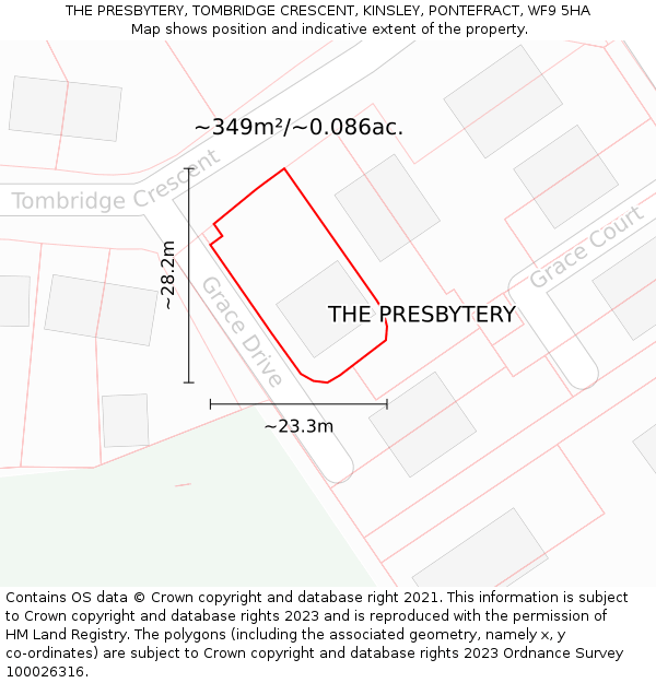 THE PRESBYTERY, TOMBRIDGE CRESCENT, KINSLEY, PONTEFRACT, WF9 5HA: Plot and title map