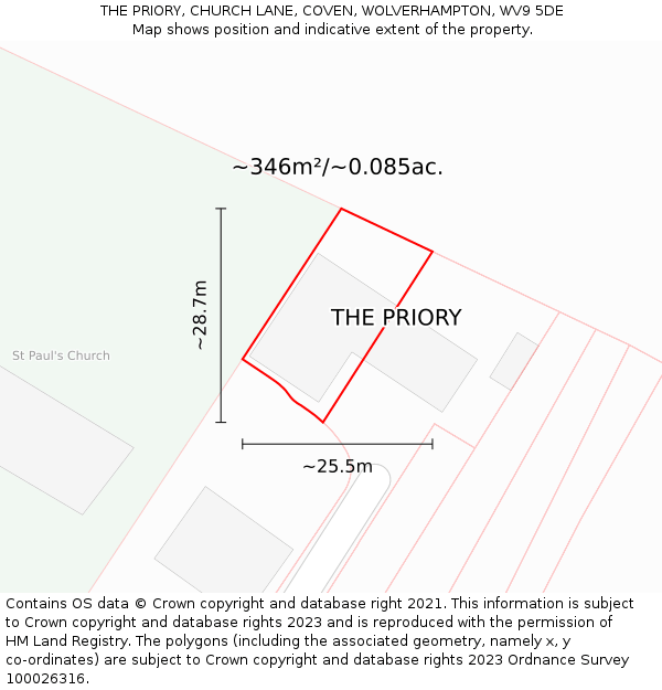 THE PRIORY, CHURCH LANE, COVEN, WOLVERHAMPTON, WV9 5DE: Plot and title map