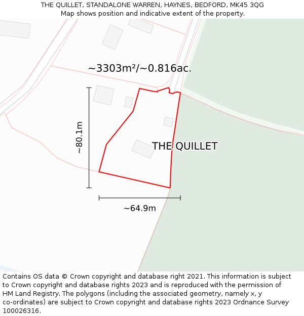 THE QUILLET, STANDALONE WARREN, HAYNES, BEDFORD, MK45 3QG: Plot and title map