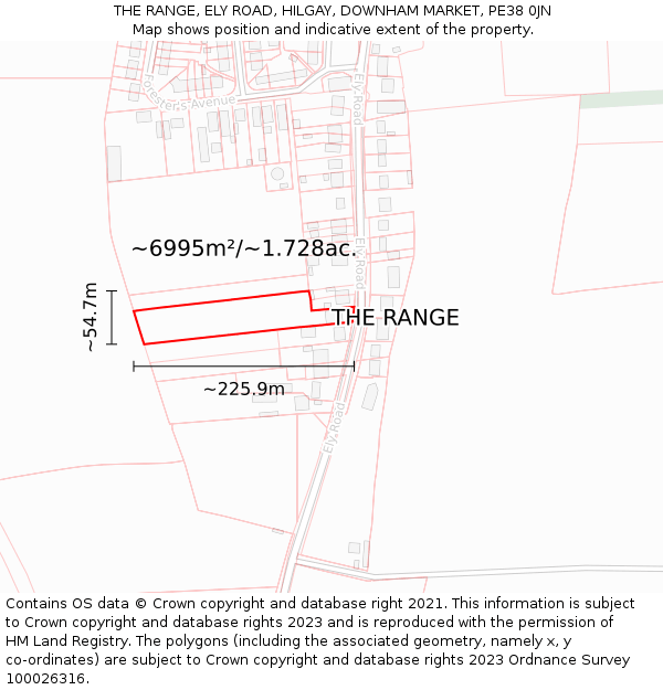 THE RANGE, ELY ROAD, HILGAY, DOWNHAM MARKET, PE38 0JN: Plot and title map