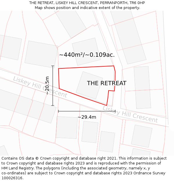 THE RETREAT, LISKEY HILL CRESCENT, PERRANPORTH, TR6 0HP: Plot and title map