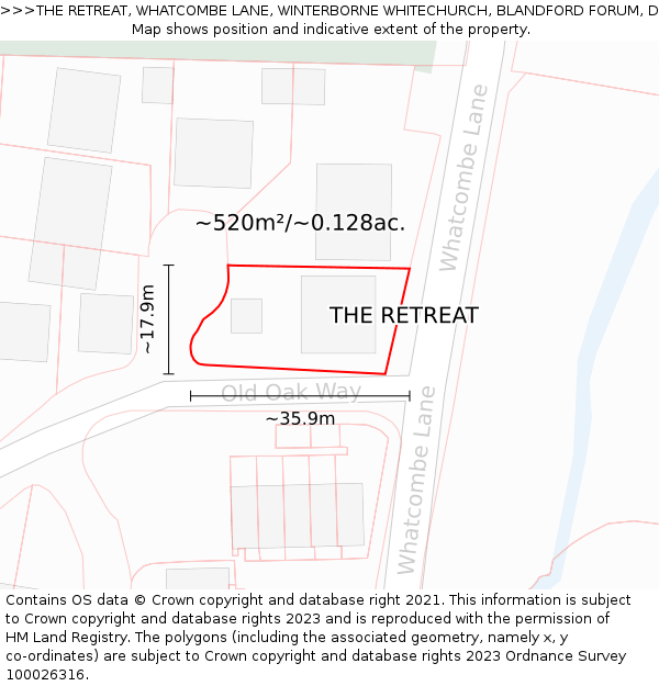 THE RETREAT, WHATCOMBE LANE, WINTERBORNE WHITECHURCH, BLANDFORD FORUM, DT11 0AG: Plot and title map