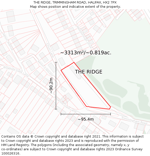 THE RIDGE, TRIMMINGHAM ROAD, HALIFAX, HX2 7PX: Plot and title map