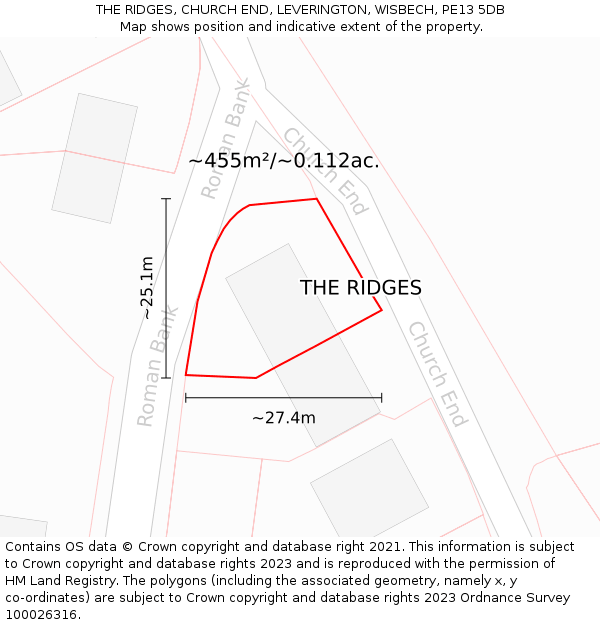 THE RIDGES, CHURCH END, LEVERINGTON, WISBECH, PE13 5DB: Plot and title map