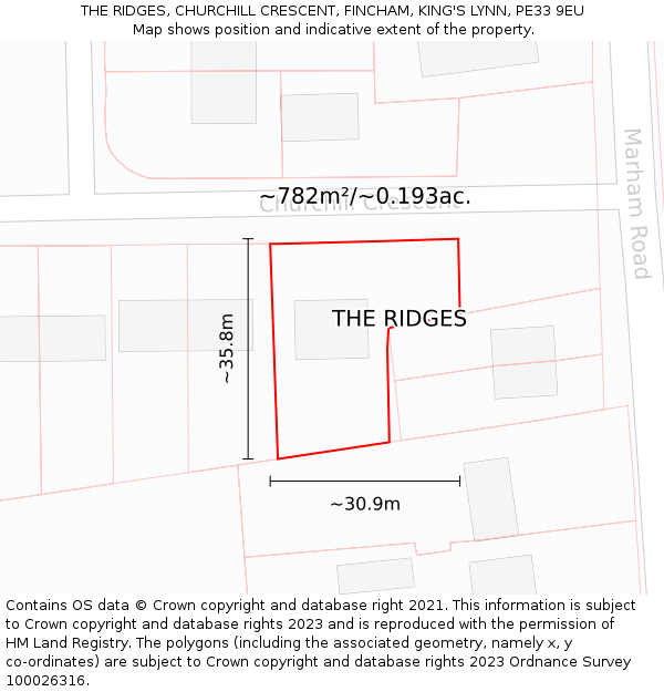 THE RIDGES, CHURCHILL CRESCENT, FINCHAM, KING'S LYNN, PE33 9EU: Plot and title map