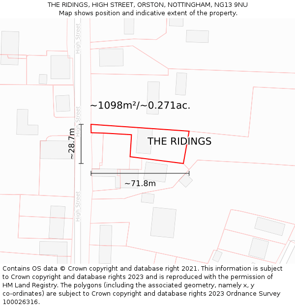 THE RIDINGS, HIGH STREET, ORSTON, NOTTINGHAM, NG13 9NU: Plot and title map