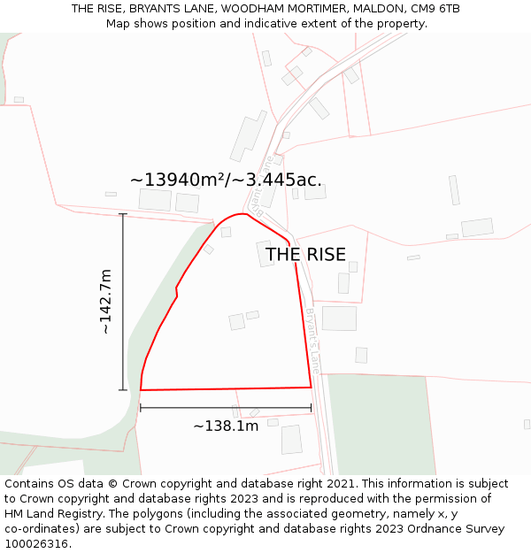 THE RISE, BRYANTS LANE, WOODHAM MORTIMER, MALDON, CM9 6TB: Plot and title map