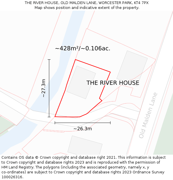 THE RIVER HOUSE, OLD MALDEN LANE, WORCESTER PARK, KT4 7PX: Plot and title map
