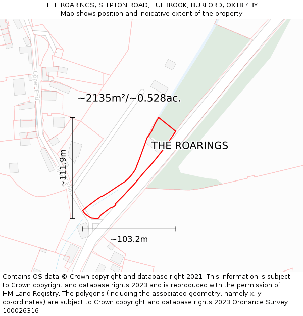 THE ROARINGS, SHIPTON ROAD, FULBROOK, BURFORD, OX18 4BY: Plot and title map