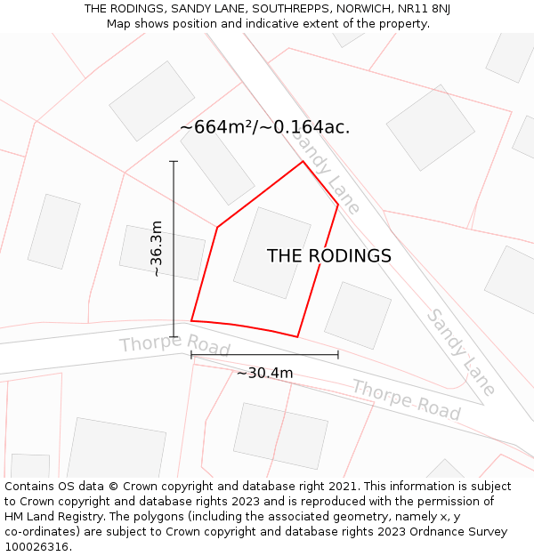 THE RODINGS, SANDY LANE, SOUTHREPPS, NORWICH, NR11 8NJ: Plot and title map