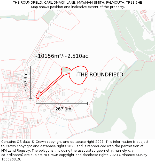 THE ROUNDFIELD, CARLIDNACK LANE, MAWNAN SMITH, FALMOUTH, TR11 5HE: Plot and title map