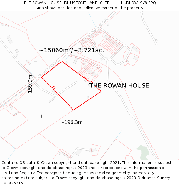 THE ROWAN HOUSE, DHUSTONE LANE, CLEE HILL, LUDLOW, SY8 3PQ: Plot and title map