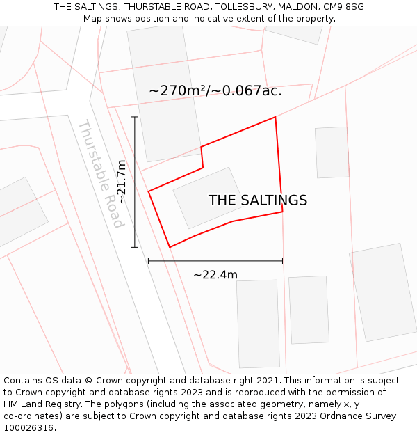 THE SALTINGS, THURSTABLE ROAD, TOLLESBURY, MALDON, CM9 8SG: Plot and title map