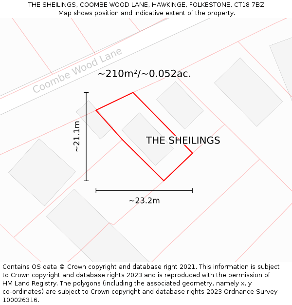 THE SHEILINGS, COOMBE WOOD LANE, HAWKINGE, FOLKESTONE, CT18 7BZ: Plot and title map