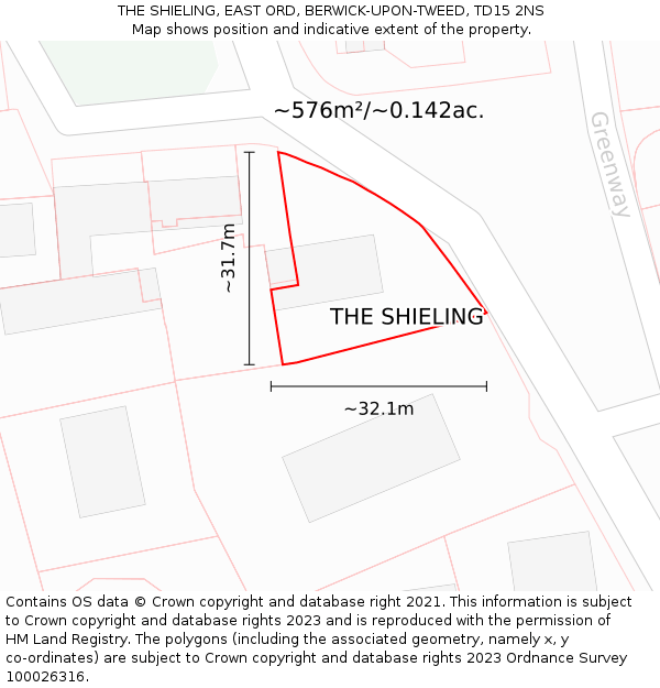 THE SHIELING, EAST ORD, BERWICK-UPON-TWEED, TD15 2NS: Plot and title map