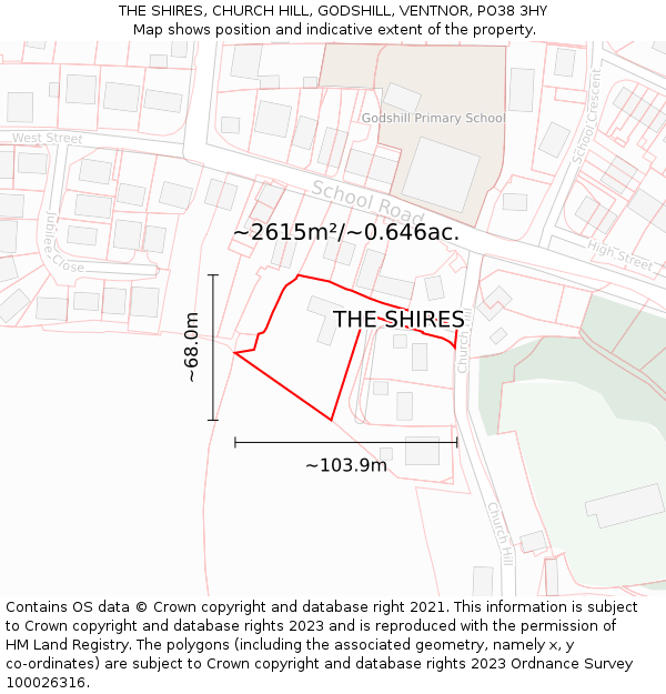 THE SHIRES, CHURCH HILL, GODSHILL, VENTNOR, PO38 3HY: Plot and title map