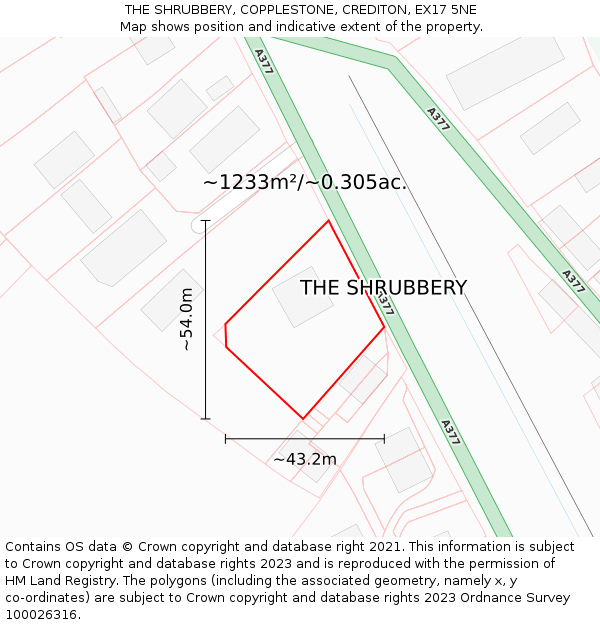 THE SHRUBBERY, COPPLESTONE, CREDITON, EX17 5NE: Plot and title map