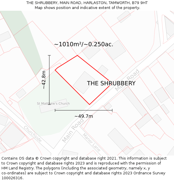 THE SHRUBBERY, MAIN ROAD, HARLASTON, TAMWORTH, B79 9HT: Plot and title map