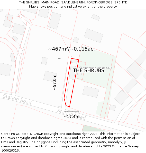 THE SHRUBS, MAIN ROAD, SANDLEHEATH, FORDINGBRIDGE, SP6 1TD: Plot and title map