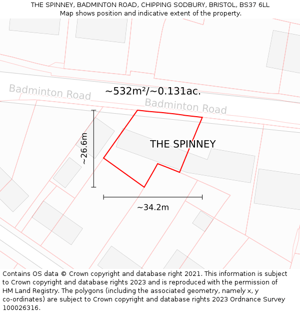 THE SPINNEY, BADMINTON ROAD, CHIPPING SODBURY, BRISTOL, BS37 6LL: Plot and title map