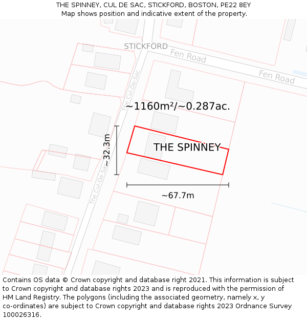 THE SPINNEY, CUL DE SAC, STICKFORD, BOSTON, PE22 8EY: Plot and title map