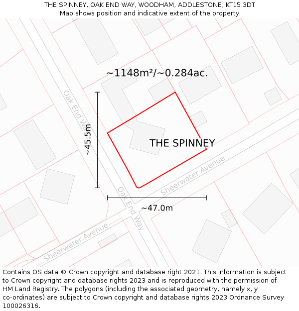 THE SPINNEY, OAK END WAY, WOODHAM, ADDLESTONE, KT15 3DT: Plot and title map