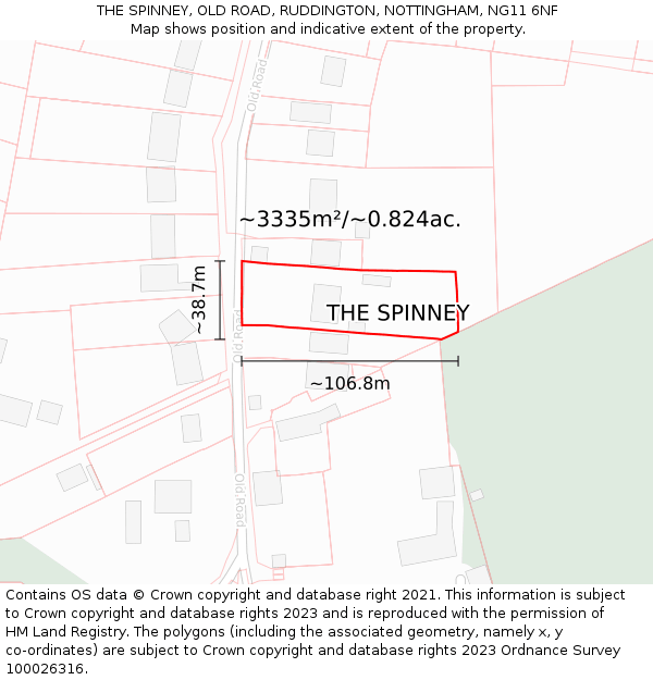 THE SPINNEY, OLD ROAD, RUDDINGTON, NOTTINGHAM, NG11 6NF: Plot and title map