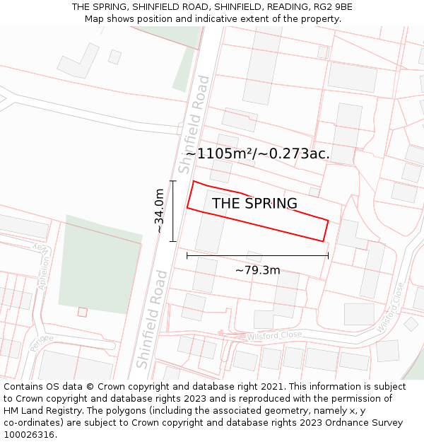 THE SPRING, SHINFIELD ROAD, SHINFIELD, READING, RG2 9BE: Plot and title map